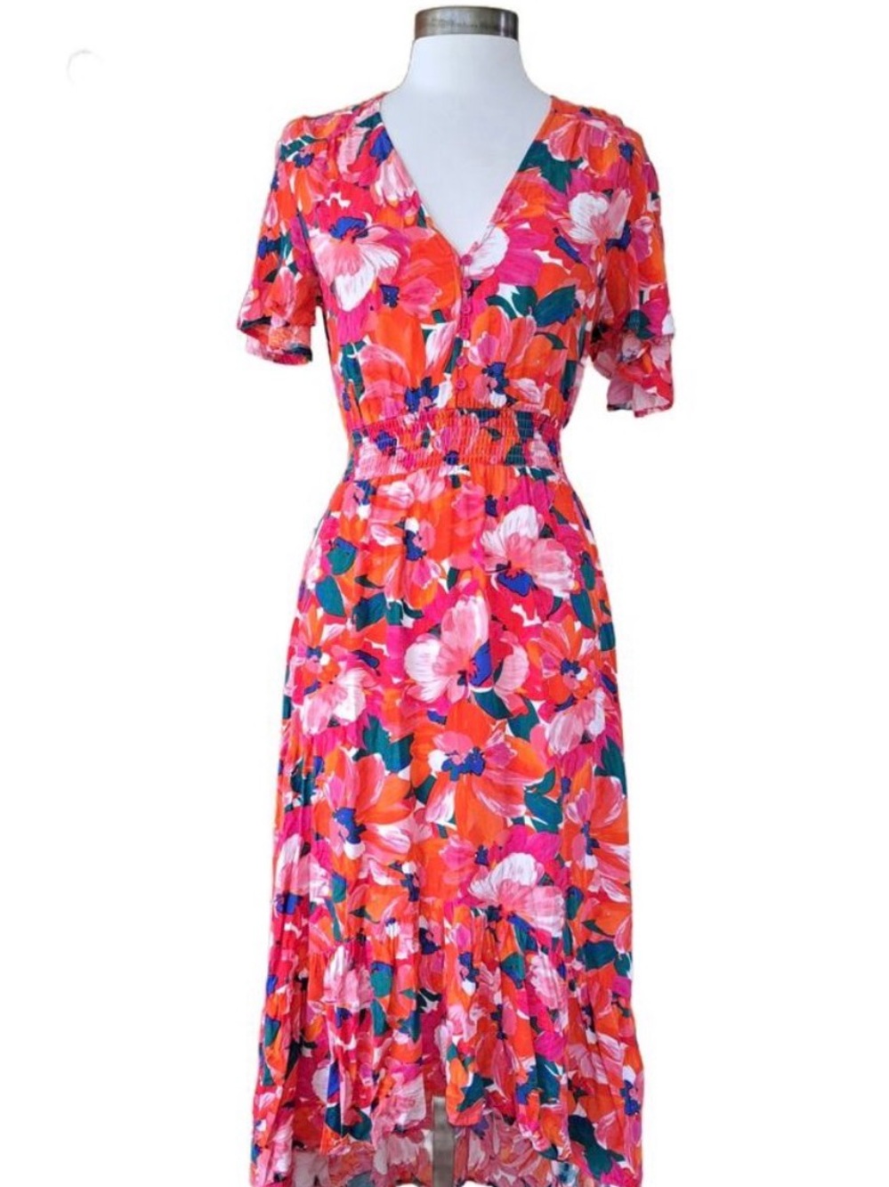 Vivid Pink Floral V-Neck Midi Dress